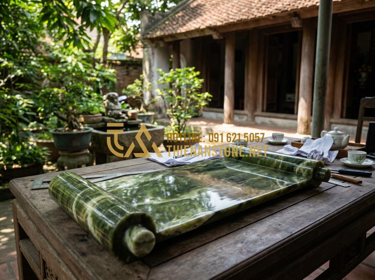 Kích Thước Cuốn Thư Đá Chuẩn Thước Lỗ Ban Mang Lại Tài Lộc Cho Gia Tộc - Happy Vietnamese family consulting with experts about custom stone scroll dimens