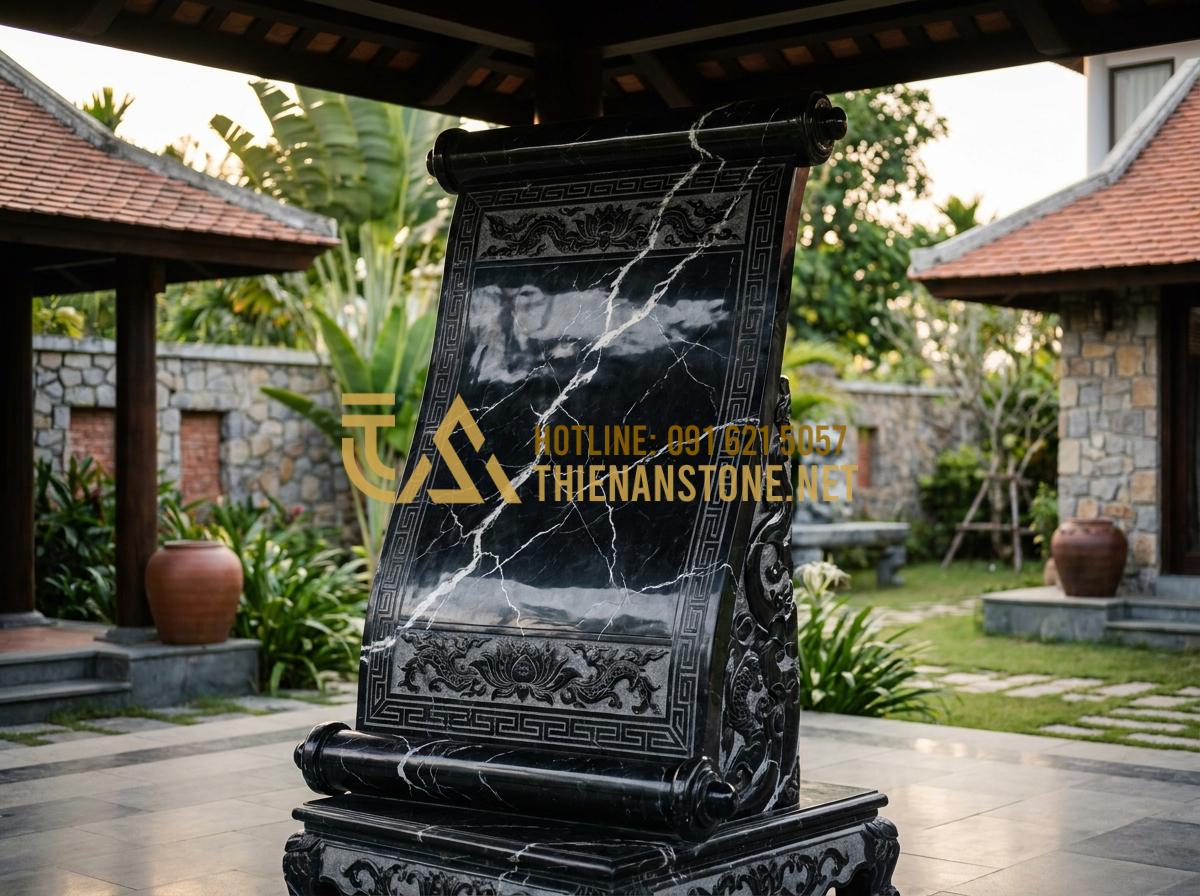 Kích Thước Cuốn Thư Đá Chuẩn Thước Lỗ Ban Mang Lại Tài Lộc Cho Gia Tộc - Professional team from Da Canh Thien An stone company proudly displaying a compl