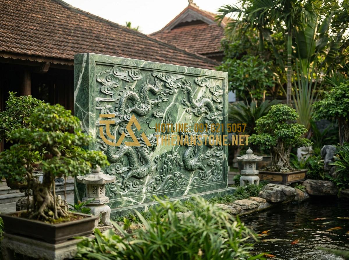 Kích Thước Cuốn Thư Đá Chuẩn Thước Lỗ Ban Mang Lại Tài Lộc Cho Gia Tộc - Wide-angle view of a beautifully designed stone scroll tablet with intricate dra