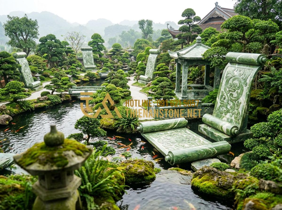 Kích Thước Cuốn Thư Đá Chuẩn Thước Lỗ Ban Mang Lại Tài Lộc Cho Gia Tộc - Beautiful panoramic view of a fully realized spiritual landscape project featuri
