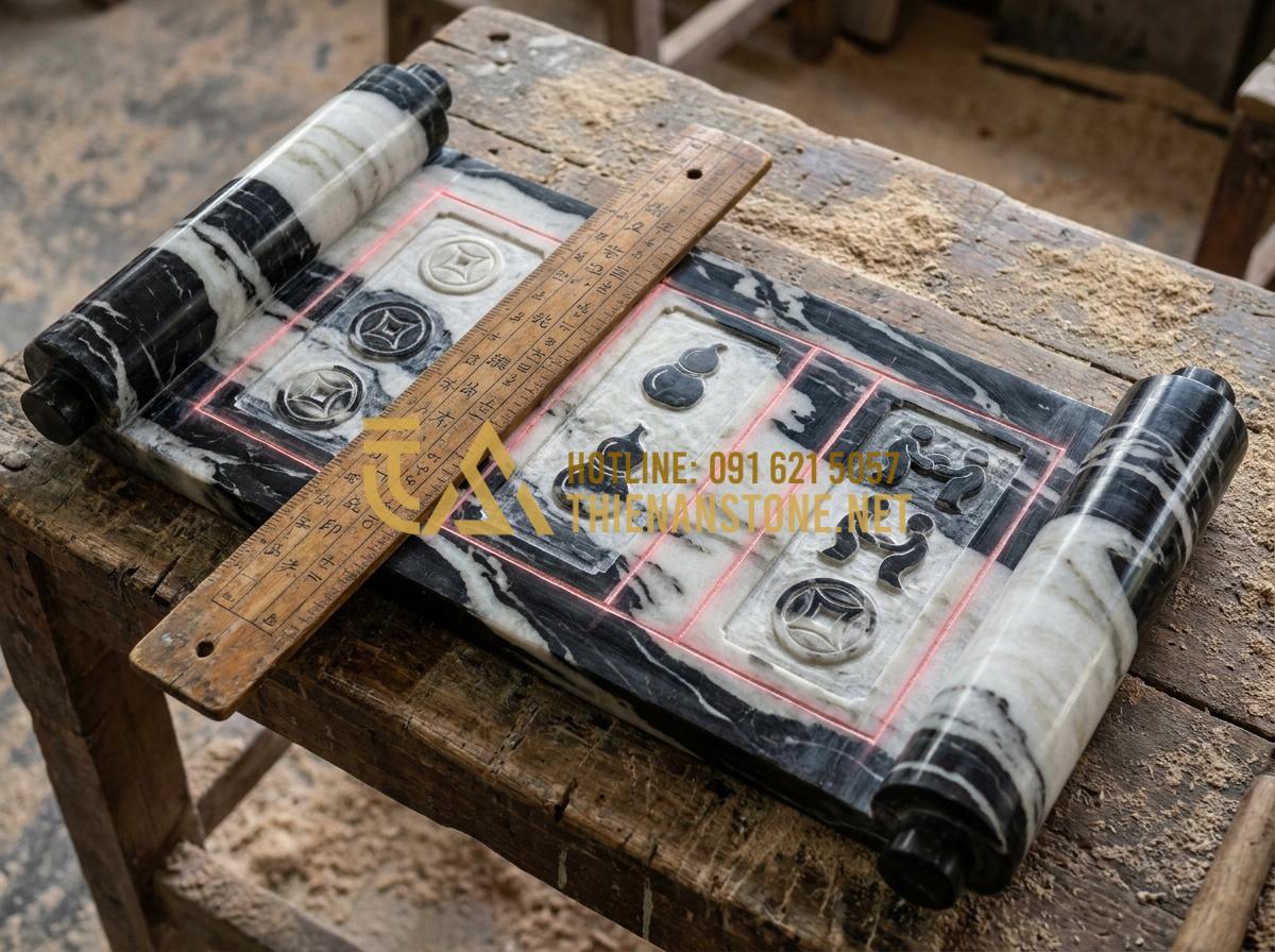 Kích Thước Cuốn Thư Đá Chuẩn Thước Lỗ Ban Mang Lại Tài Lộc Cho Gia Tộc - Detailed technical diagram showing the traditional Lu Ban ruler markings and mea