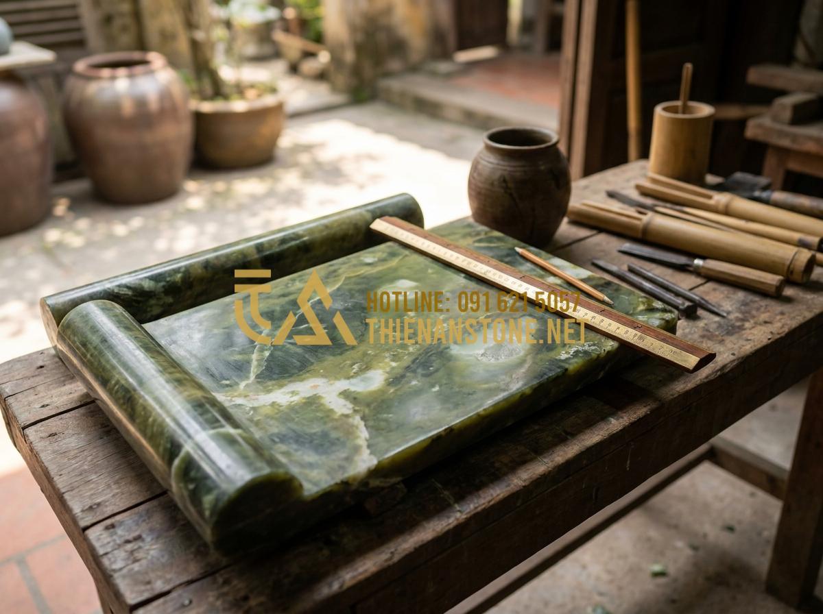 Kích Thước Cuốn Thư Đá Chuẩn Thước Lỗ Ban Mang Lại Tài Lộc Cho Gia Tộc - Professional craftsman using a Lu Ban ruler to precisely measure and mark a larg
