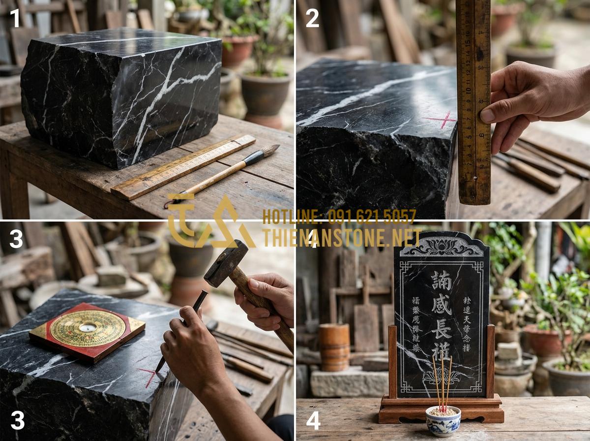 Kích Thước Cuốn Thư Đá Chuẩn Thước Lỗ Ban Mang Lại Tài Lộc Cho Gia Tộc - Step-by-step instructional image showing a Feng Shui master using Lu Ban ruler t