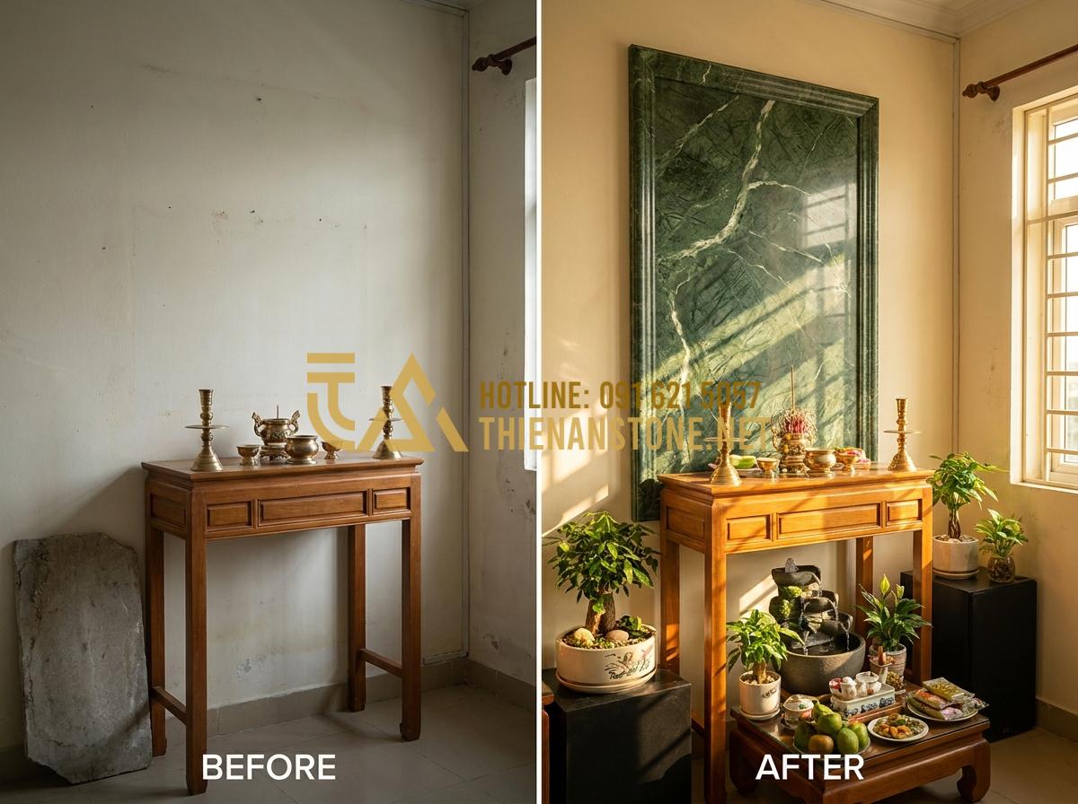 Kích Thước Cuốn Thư Đá Chuẩn Thước Lỗ Ban Mang Lại Tài Lộc Cho Gia Tộc - Before and after comparison of a stone scroll installation using correct Lu Ban