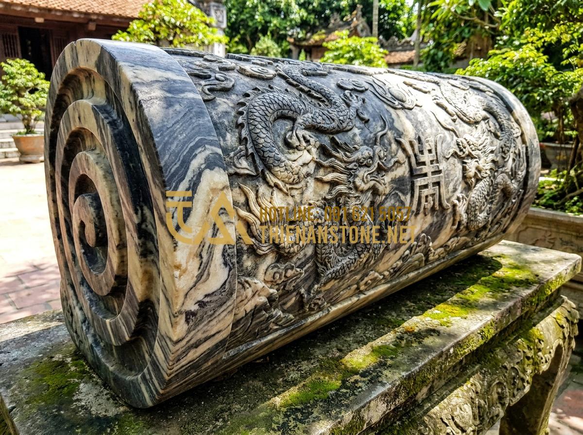 Kích Thước Cuốn Thư Đá Chuẩn Thước Lỗ Ban Mang Lại Tài Lộc Cho Gia Tộc - Intricate close-up of a custom-designed stone scroll featuring traditional Vietn