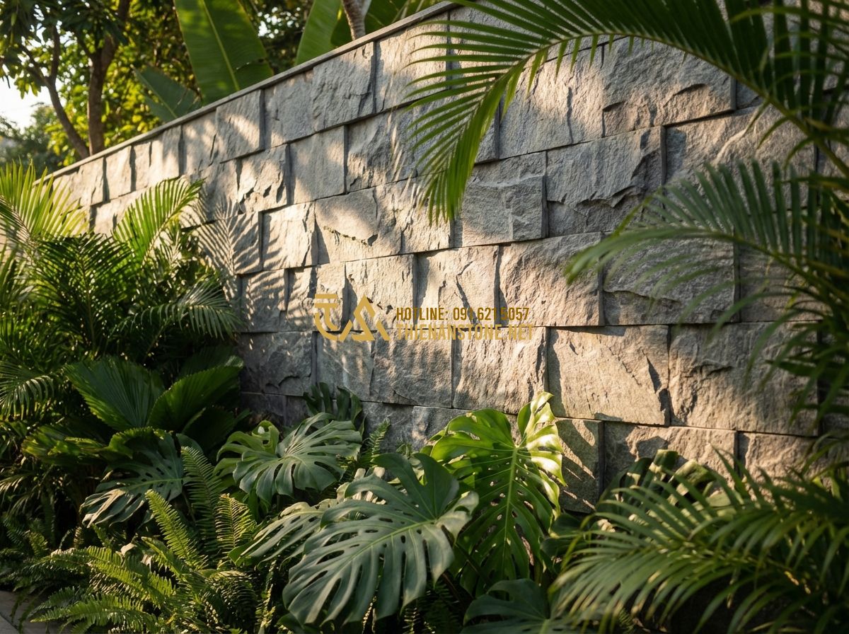 Kích Thước Đá Chẻ Phổ Biến 2026: 10x20, 15x20x25, 20x20x25… Nên Chọn Kích Cỡ Nào? - Hình 2 Kích Thước Đá Chẻ Phổ Biến 2026: 10x20, 15x20x25, 20x20x25… Nên Chọn Kích Cỡ Nào? - Tạo ảnh tiếng Anh: A beautiful modern villa garden wall featuring 10x20cm natura