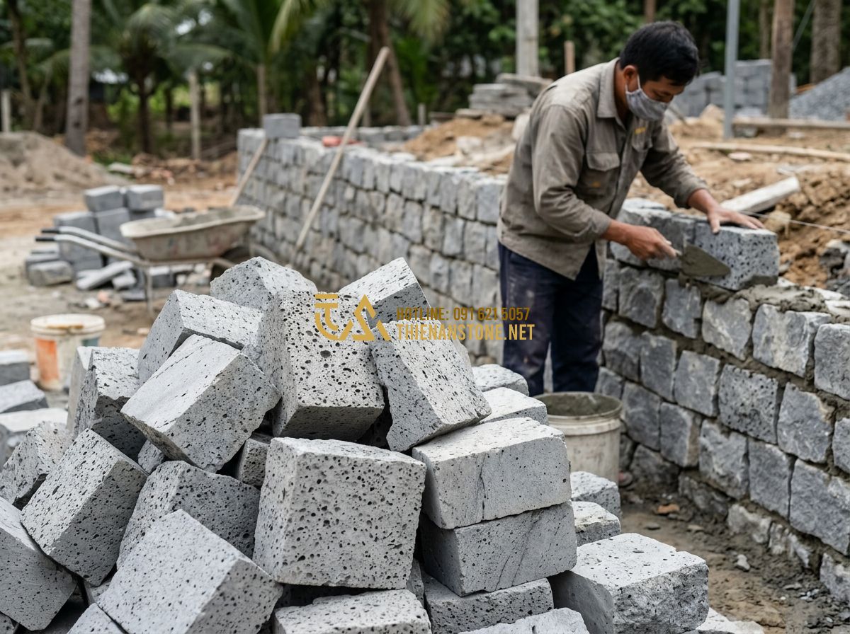 Kích Thước Đá Chẻ Phổ Biến 2026: 10x20, 15x20x25, 20x20x25… Nên Chọn Kích Cỡ Nào? - Hình 3 Kích Thước Đá Chẻ Phổ Biến 2026: 10x20, 15x20x25, 20x20x25… Nên Chọn Kích Cỡ Nào? - Tạo ảnh tiếng Anh: High-quality construction scene showing a pile of 20x20x25cm