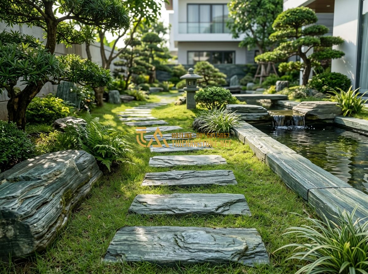 Kích Thước Đá Chẻ Phổ Biến 2026: 10x20, 15x20x25, 20x20x25… Nên Chọn Kích Cỡ Nào? - Hình 4 Kích Thước Đá Chẻ Phổ Biến 2026: 10x20, 15x20x25, 20x20x25… Nên Chọn Kích Cỡ Nào? - Tạo ảnh tiếng Anh: A serene garden pathway made of 15x20x25cm natural split ston