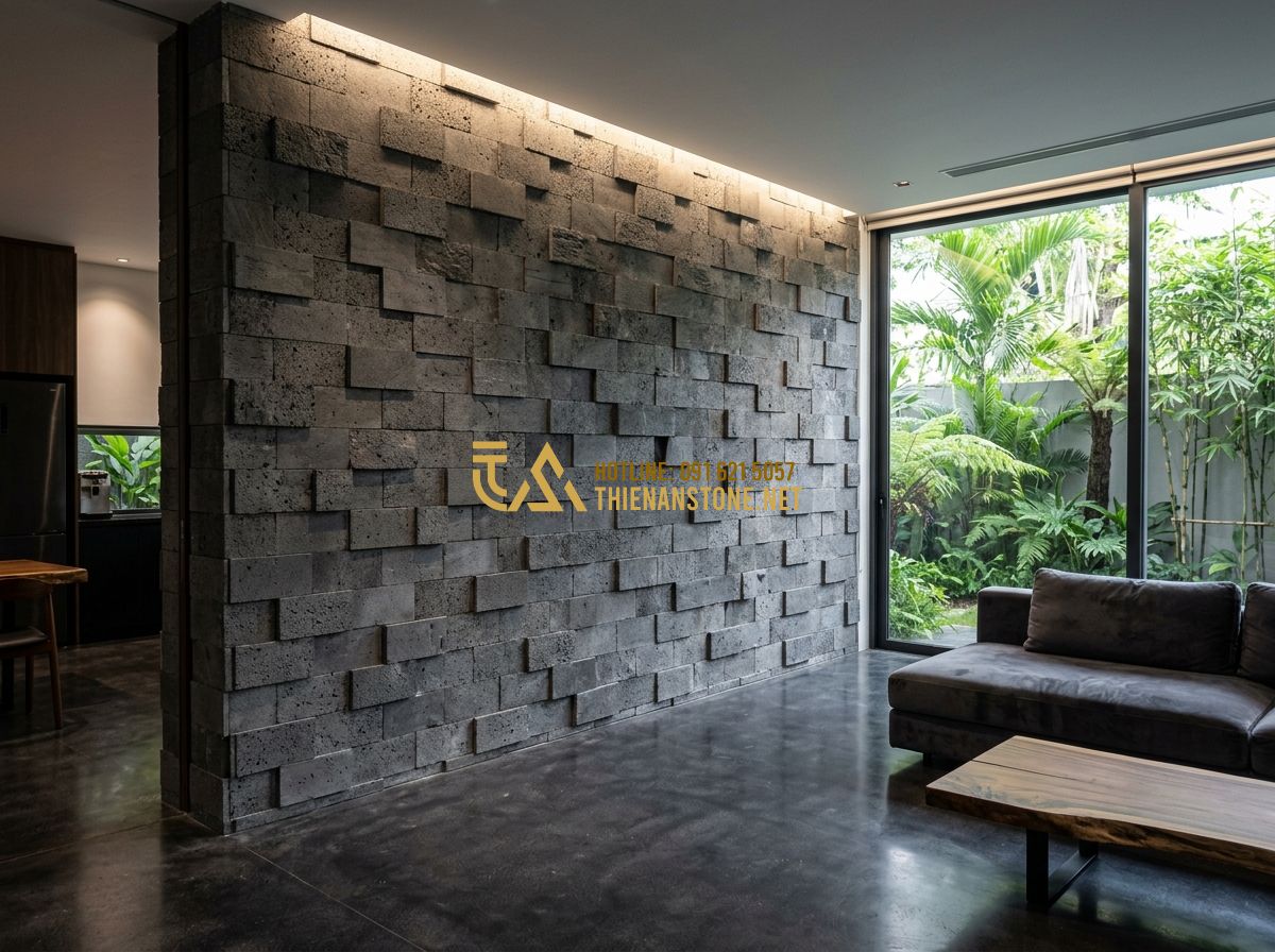 Kích Thước Đá Chẻ Phổ Biến 2026: 10x20, 15x20x25, 20x20x25… Nên Chọn Kích Cỡ Nào? - Hình 5 Kích Thước Đá Chẻ Phổ Biến 2026: 10x20, 15x20x25, 20x20x25… Nên Chọn Kích Cỡ Nào? - Tạo ảnh tiếng Anh: An interior feature wall in a luxury home made of 10x10x20cm