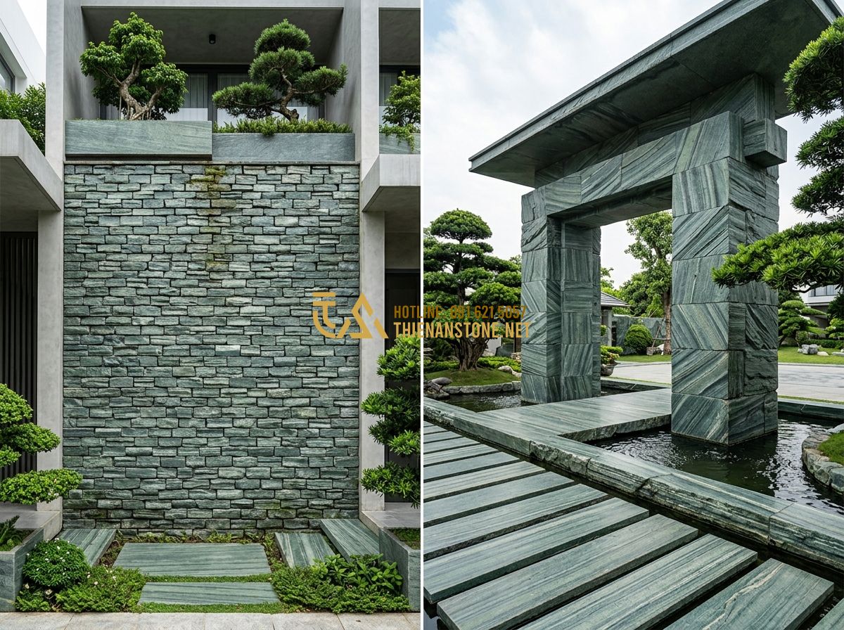 Kích Thước Đá Chẻ Phổ Biến 2026: 10x20, 15x20x25, 20x20x25… Nên Chọn Kích Cỡ Nào? - Hình 6 Kích Thước Đá Chẻ Phổ Biến 2026: 10x20, 15x20x25, 20x20x25… Nên Chọn Kích Cỡ Nào? - Tạo ảnh tiếng Anh: A side-by-side comparison of a modern townhouse wall using sm