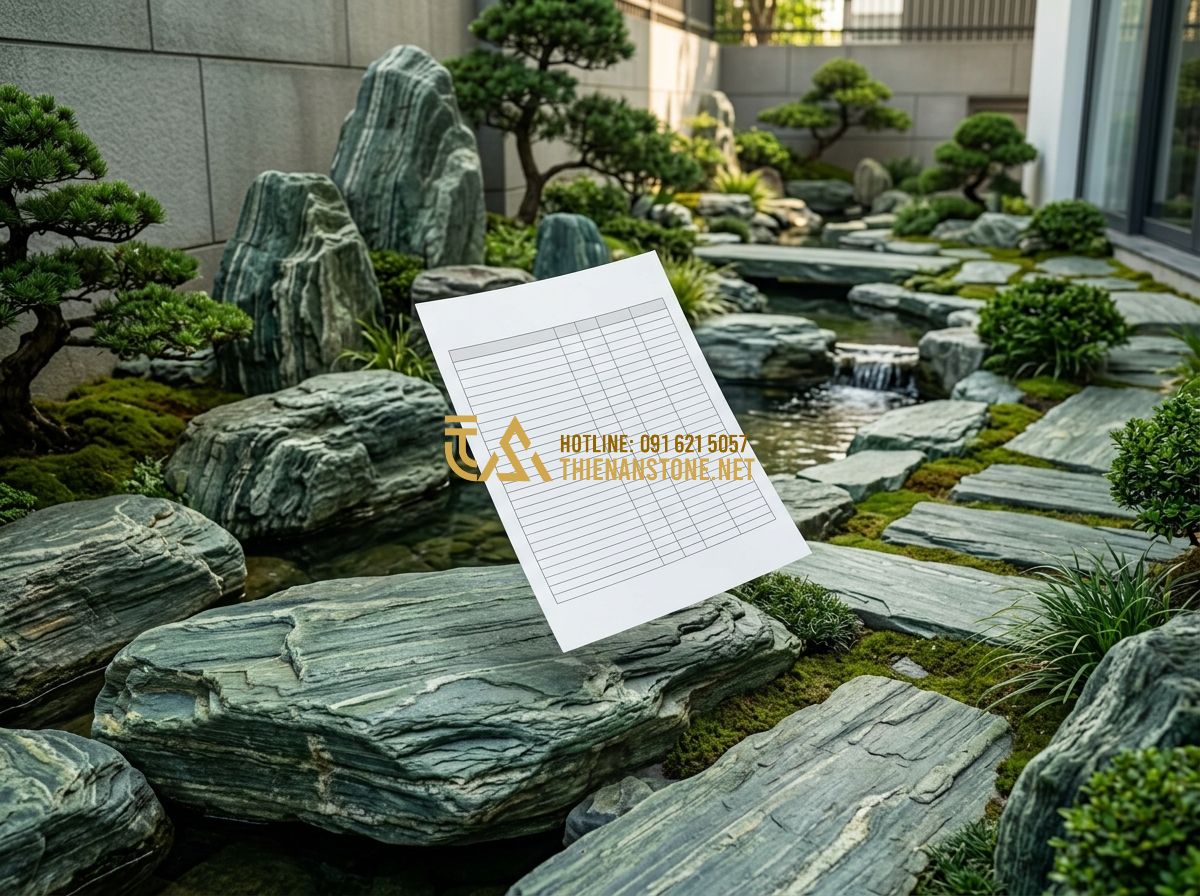 Kích Thước Đá Chẻ Phổ Biến 2026: 10x20, 15x20x25, 20x20x25… Nên Chọn Kích Cỡ Nào? - Hình 7 Kích Thước Đá Chẻ Phổ Biến 2026: 10x20, 15x20x25, 20x20x25… Nên Chọn Kích Cỡ Nào? - Tạo ảnh tiếng Anh: A professional business document or price list floating over
