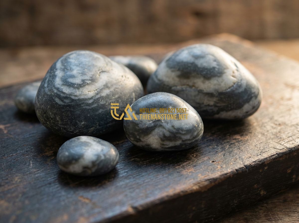 Kích Thước Đá Cuội Vân Mây Phổ Biến Và Cách Chọn Đúng Ứng Dụng - Tạo ảnh tiếng Anh: A high-quality close-up photo of several smooth, rounded clou