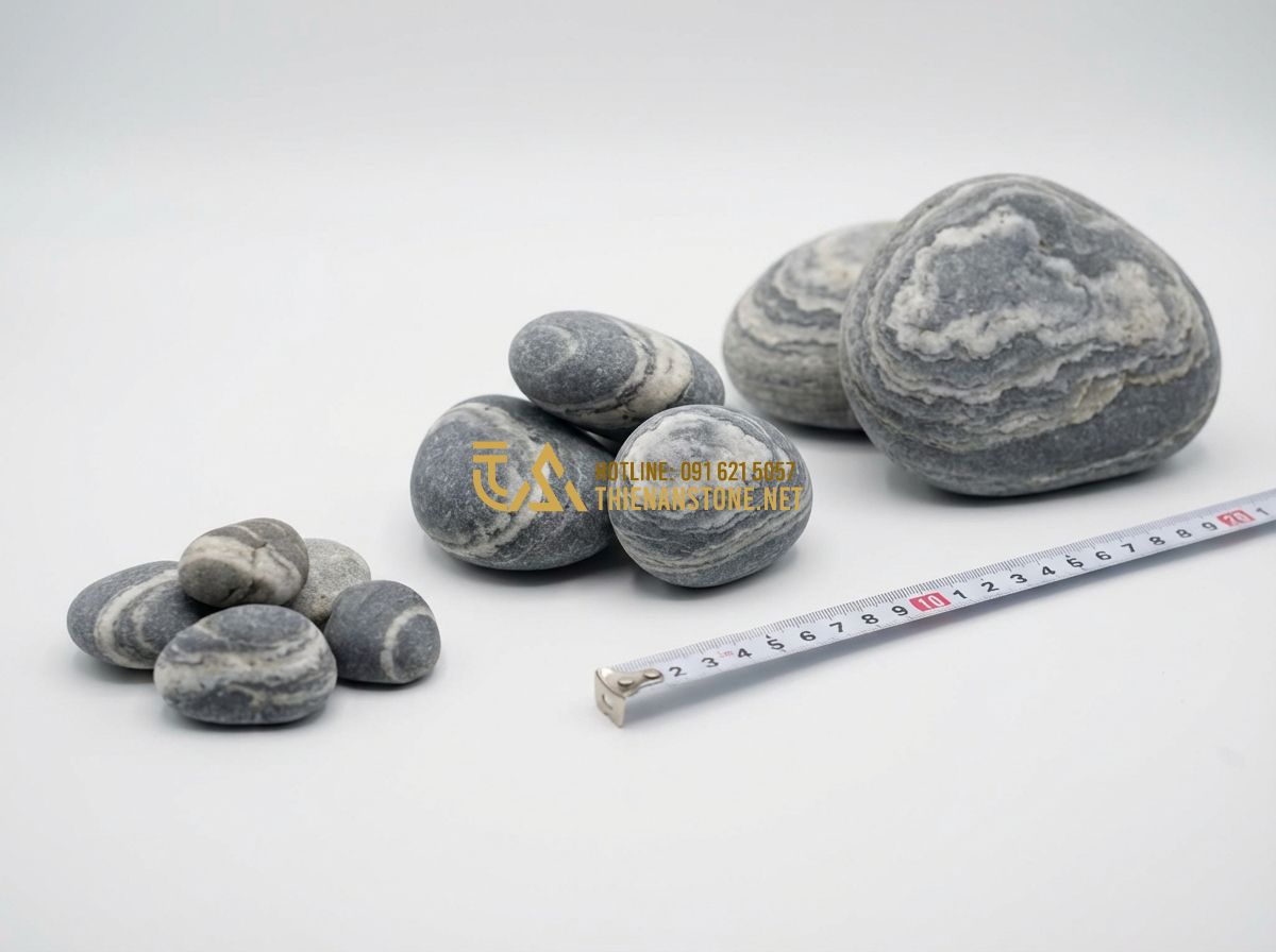 Kích Thước Đá Cuội Vân Mây Phổ Biến Và Cách Chọn Đúng Ứng Dụng - Tạo ảnh tiếng Anh: A professional comparison shot showing three different sizes