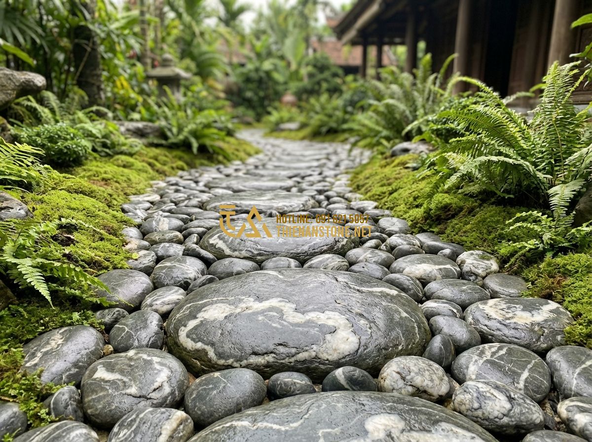 Kích Thước Đá Cuội Vân Mây Phổ Biến Và Cách Chọn Đúng Ứng Dụng - Tạo ảnh tiếng Anh: A beautiful Japanese-style garden path featuring a mix of clo