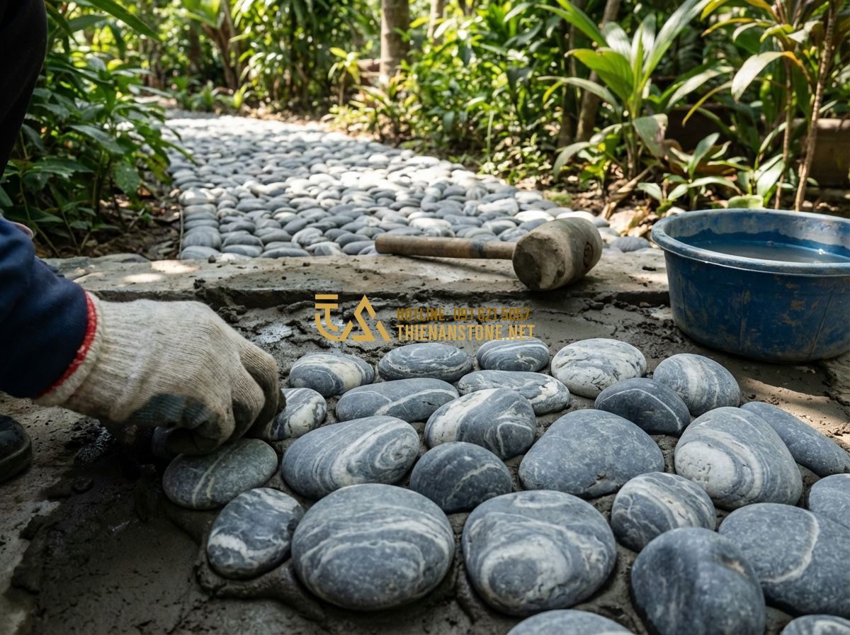 Kích Thước Đá Cuội Vân Mây Phổ Biến Và Cách Chọn Đúng Ứng Dụng - Tạo ảnh tiếng Anh: A step-by-step construction scene showing a worker carefully