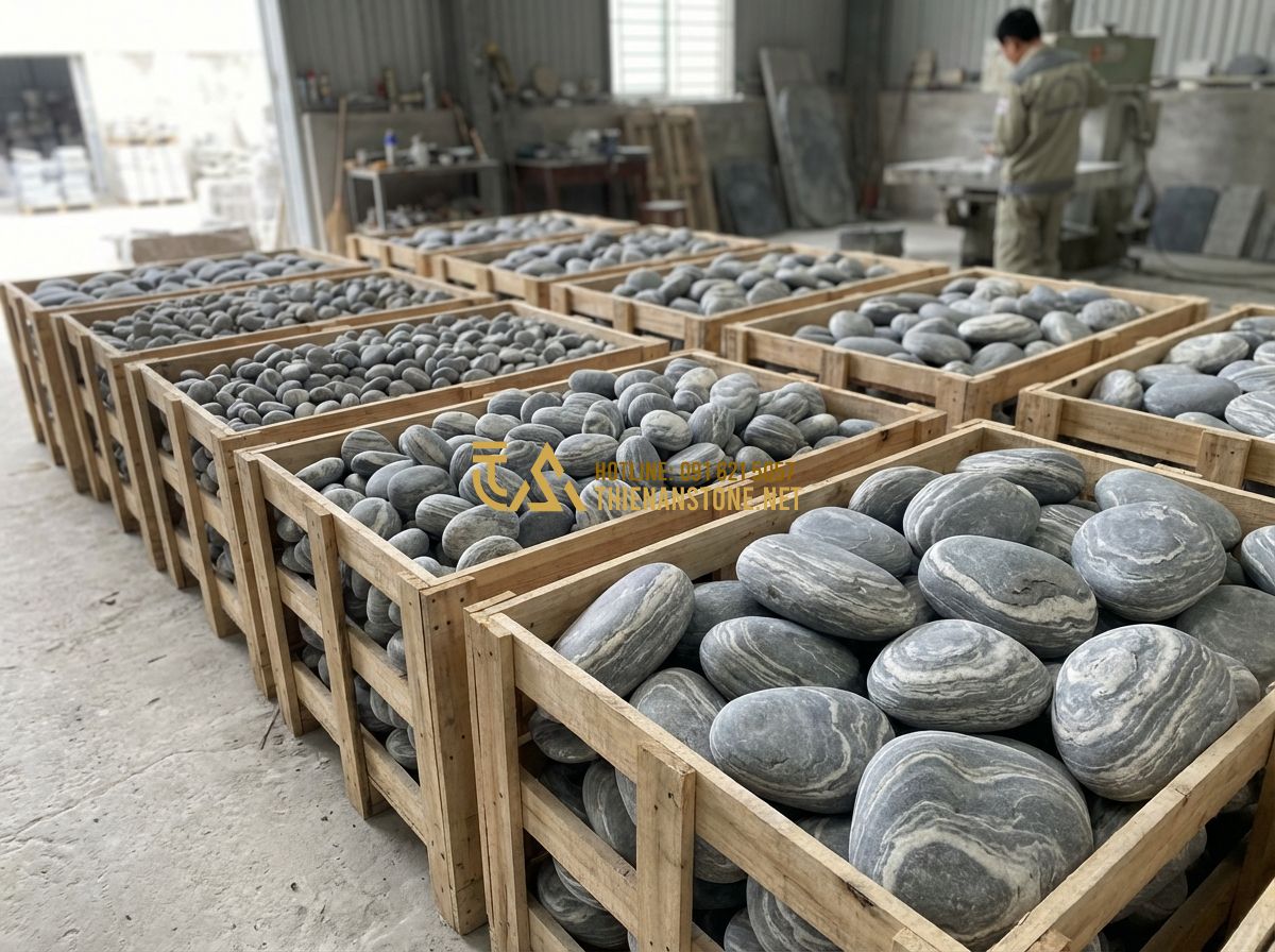 Kích Thước Đá Cuội Vân Mây Phổ Biến Và Cách Chọn Đúng Ứng Dụng - Tạo ảnh tiếng Anh: A professional warehouse scene at Thien An Stone Craft Factor