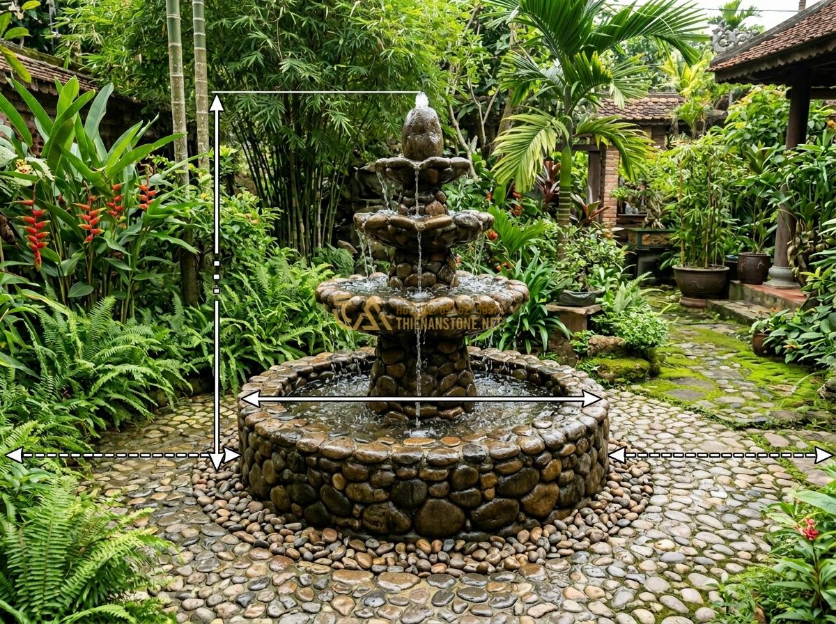 Kích Thước & Mặt Bằng Đài Phun Nước Bằng Đá Phù Hợp Với Mỗi Loại Không Gian - Hình 1 Kích Thước & Mặt Bằng Đài Phun Nước Bằng Đá Phù Hợp Với Mỗi Loại Không Gian - Detailed realistic photograph of a carefully measured stone water fountain insta