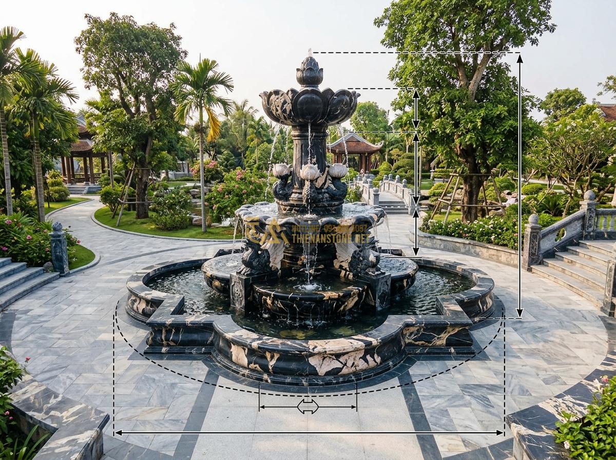 Kích Thước & Mặt Bằng Đài Phun Nước Bằng Đá Phù Hợp Với Mỗi Loại Không Gian - Hình 10 Kích Thước & Mặt Bằng Đài Phun Nước Bằng Đá Phù Hợp Với Mỗi Loại Không Gian - Wide-angle professional photography of grand stone fountain layout in extensive
