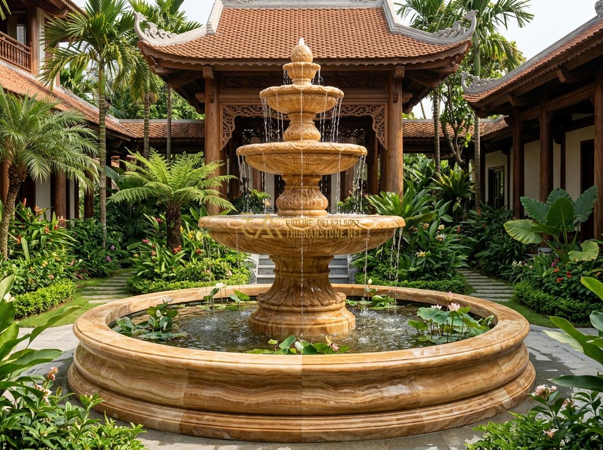 Kích Thước & Mặt Bằng Đài Phun Nước Bằng Đá Phù Hợp Với Mỗi Loại Không Gian - Hình 11 Kích Thước & Mặt Bằng Đài Phun Nước Bằng Đá Phù Hợp Với Mỗi Loại Không Gian - Luxurious stone water fountain in high-end villa and resort setting featuring gr
