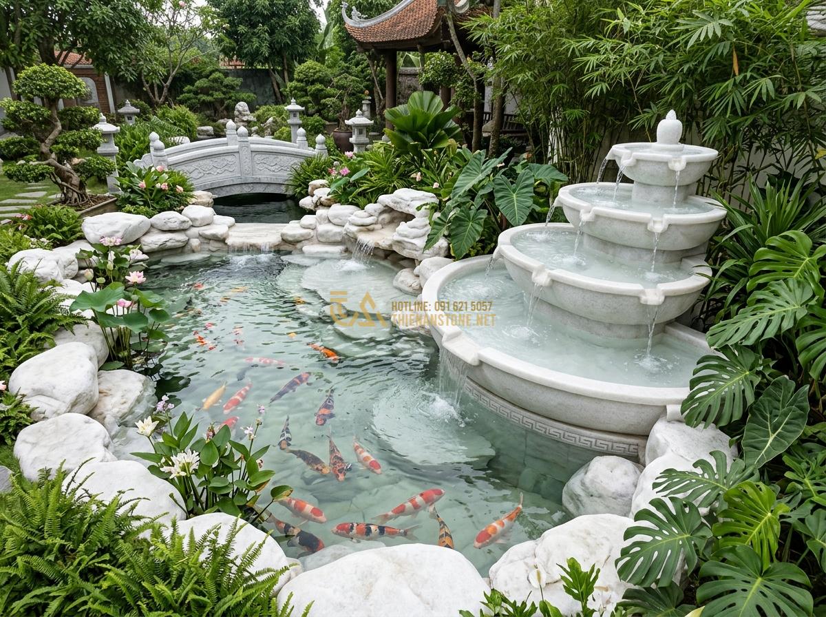 Kích Thước & Mặt Bằng Đài Phun Nước Bằng Đá Phù Hợp Với Mỗi Loại Không Gian - Hình 13 Kích Thước & Mặt Bằng Đài Phun Nước Bằng Đá Phù Hợp Với Mỗi Loại Không Gian - Beautiful integration photo of stone water fountain positioned adjacent to Koi p
