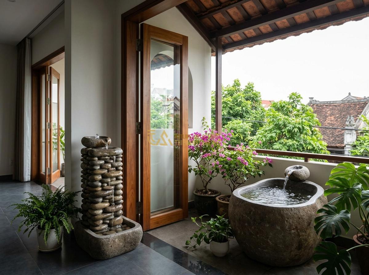 Kích Thước & Mặt Bằng Đài Phun Nước Bằng Đá Phù Hợp Với Mỗi Loại Không Gian - Hình 15 Kích Thước & Mặt Bằng Đài Phun Nước Bằng Đá Phù Hợp Với Mỗi Loại Không Gian - Elegant indoor and balcony stone fountain designs with compact dimensions suitab