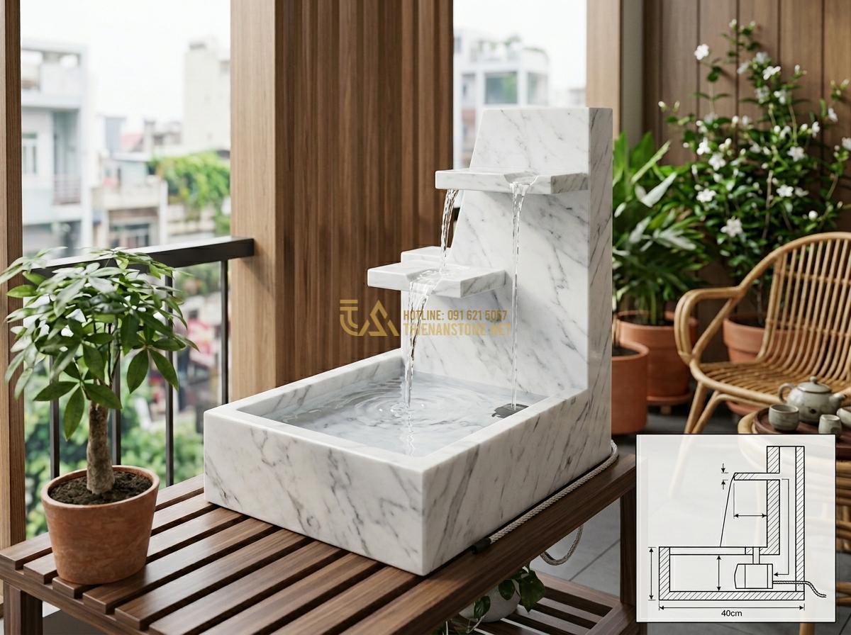 Kích Thước & Mặt Bằng Đài Phun Nước Bằng Đá Phù Hợp Với Mỗi Loại Không Gian - Hình 16 Kích Thước & Mặt Bằng Đài Phun Nước Bằng Đá Phù Hợp Với Mỗi Loại Không Gian - Stylish compact stone water fountain for balcony or indoor placement with precis