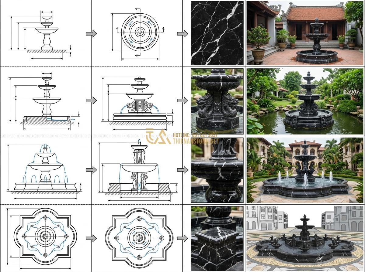 Kích Thước & Mặt Bằng Đài Phun Nước Bằng Đá Phù Hợp Với Mỗi Loại Không Gian - Hình 17 Kích Thước & Mặt Bằng Đài Phun Nước Bằng Đá Phù Hợp Với Mỗi Loại Không Gian - Technical engineering diagram table visualization combined with real stone fount