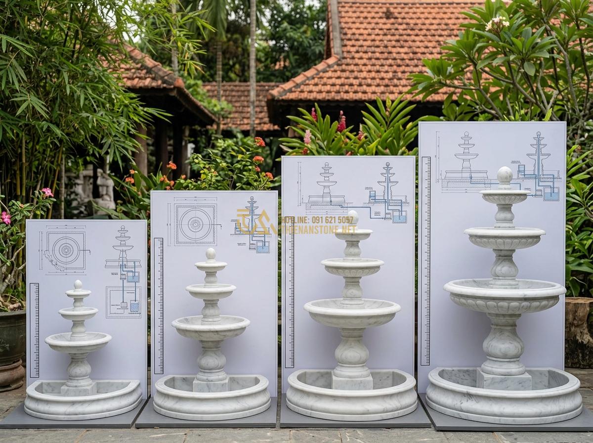 Kích Thước & Mặt Bằng Đài Phun Nước Bằng Đá Phù Hợp Với Mỗi Loại Không Gian - Hình 2 Kích Thước & Mặt Bằng Đài Phun Nước Bằng Đá Phù Hợp Với Mỗi Loại Không Gian - High-resolution image of various stone fountain scale models compared side by si