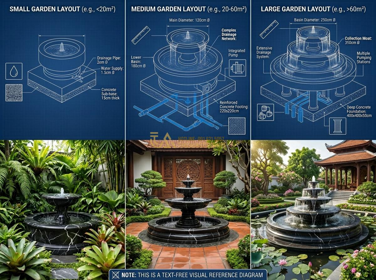 Kích Thước & Mặt Bằng Đài Phun Nước Bằng Đá Phù Hợp Với Mỗi Loại Không Gian - Hình 3 Kích Thước & Mặt Bằng Đài Phun Nước Bằng Đá Phù Hợp Với Mỗi Loại Không Gian - Close-up technical diagram and real-world photo composite of stone water fountai