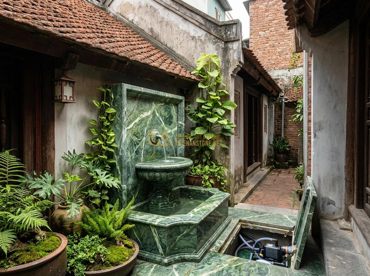 Kích Thước & Mặt Bằng Đài Phun Nước Bằng Đá Phù Hợp Với Mỗi Loại Không Gian - Hình 6 Kích Thước & Mặt Bằng Đài Phun Nước Bằng Đá Phù Hợp Với Mỗi Loại Không Gian - Professional installation view of miniature stone fountain in tight urban courty