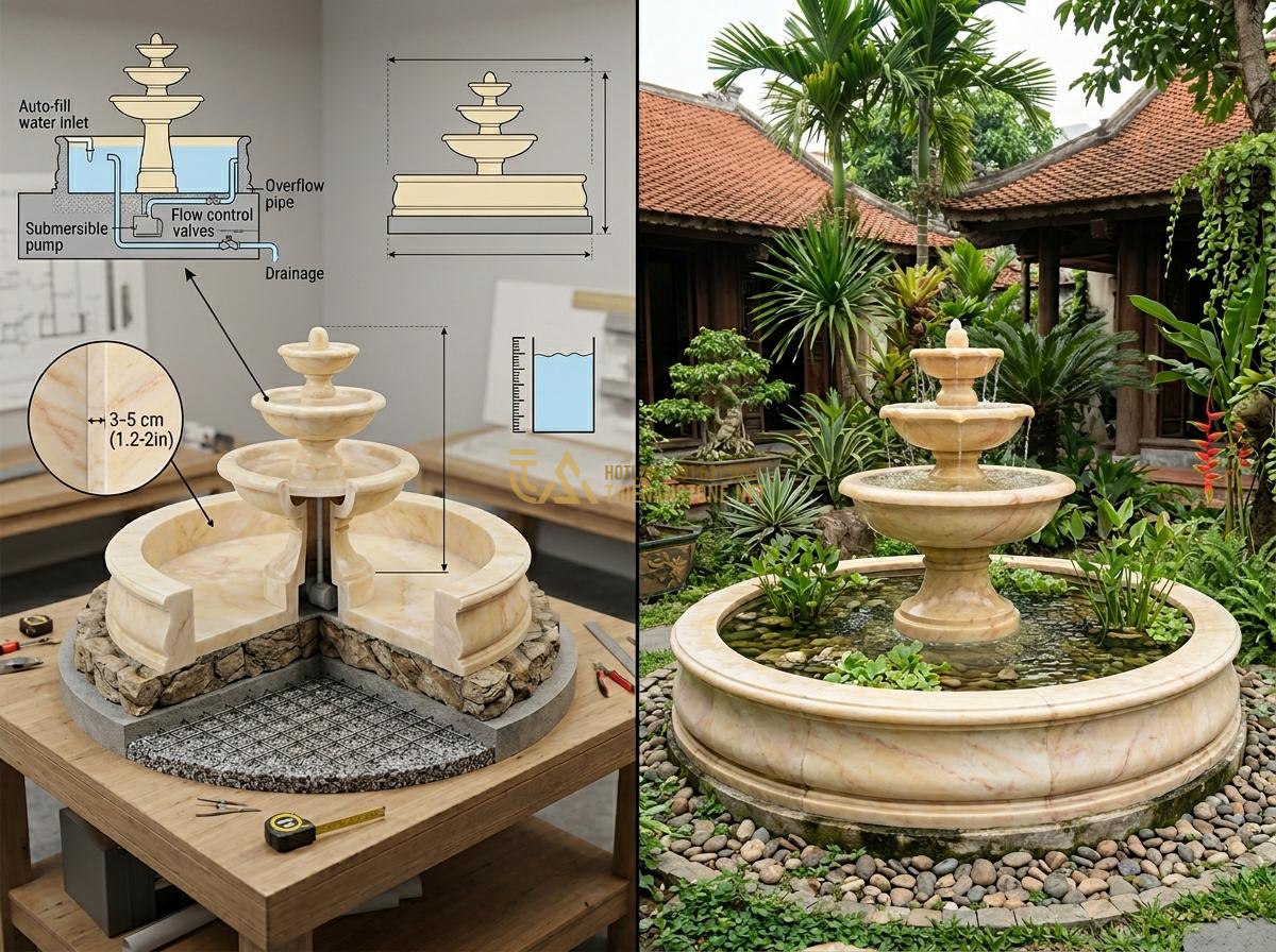 Kích Thước & Mặt Bằng Đài Phun Nước Bằng Đá Phù Hợp Với Mỗi Loại Không Gian - Hình 8 Kích Thước & Mặt Bằng Đài Phun Nước Bằng Đá Phù Hợp Với Mỗi Loại Không Gian - Detailed scale model and actual built example of optimal fountain dimensions for