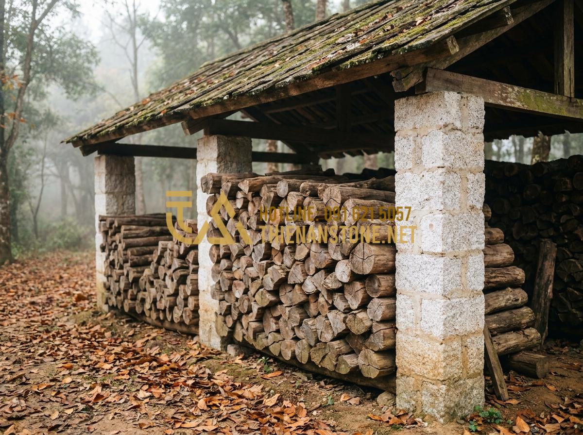 Kinh Nghiệm Chọn Củi Lò Sưởi: Đốt Loại Nào Thơm Và Giữ Nhiệt Lâu Nhất? - Tạo ảnh tiếng Anh: An outdoor wood shed with a rustic wooden roof. Thousands of