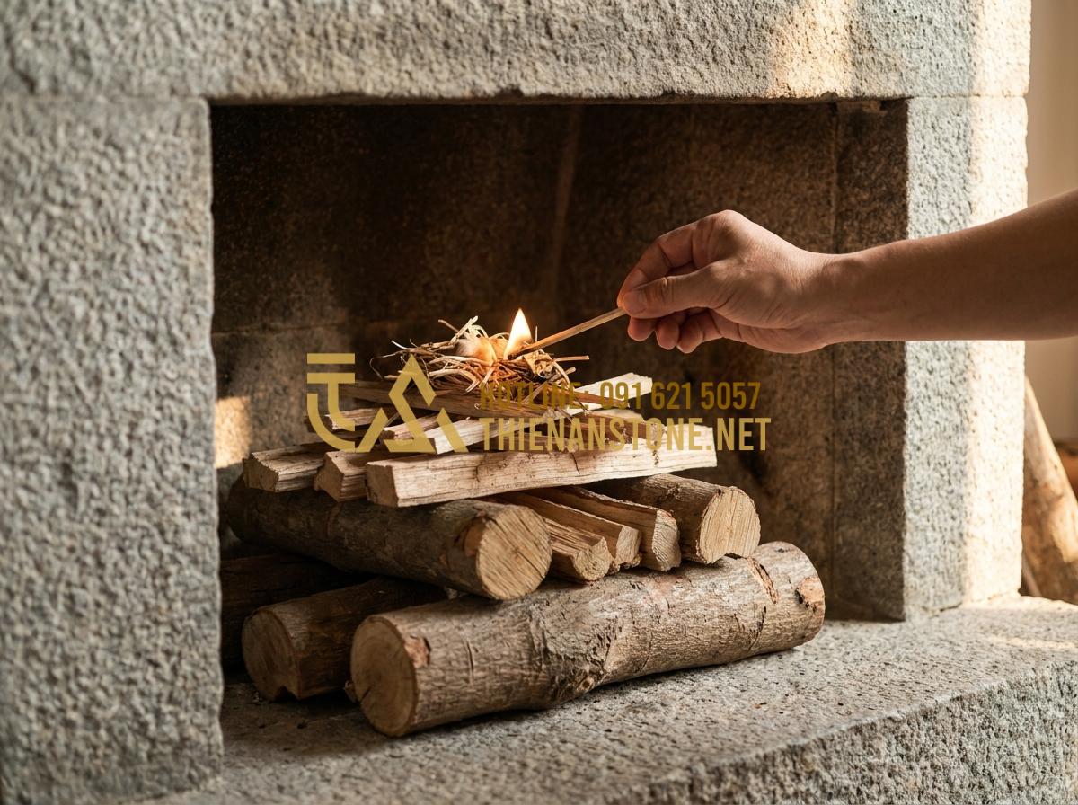 Kinh Nghiệm Chọn Củi Lò Sưởi: Đốt Loại Nào Thơm Và Giữ Nhiệt Lâu Nhất? - Tạo ảnh tiếng Anh: A detailed visual guide of the "Top-down" fire-building techn