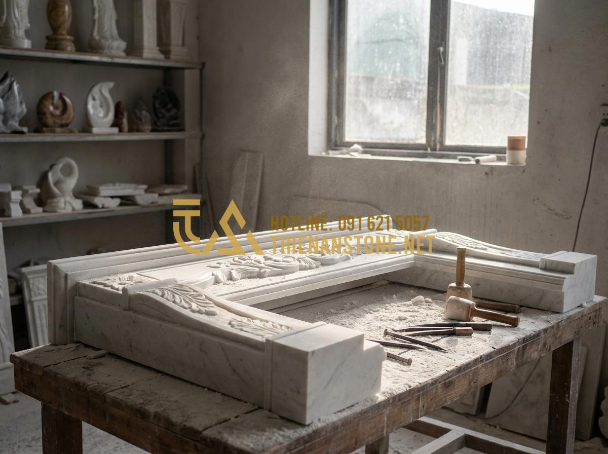 Kinh Nghiệm Chọn Củi Lò Sưởi: Đốt Loại Nào Thơm Và Giữ Nhiệt Lâu Nhất? - Tạo ảnh tiếng Anh: An artisan sculptor at Thien An Stone Workshop carefully carv
