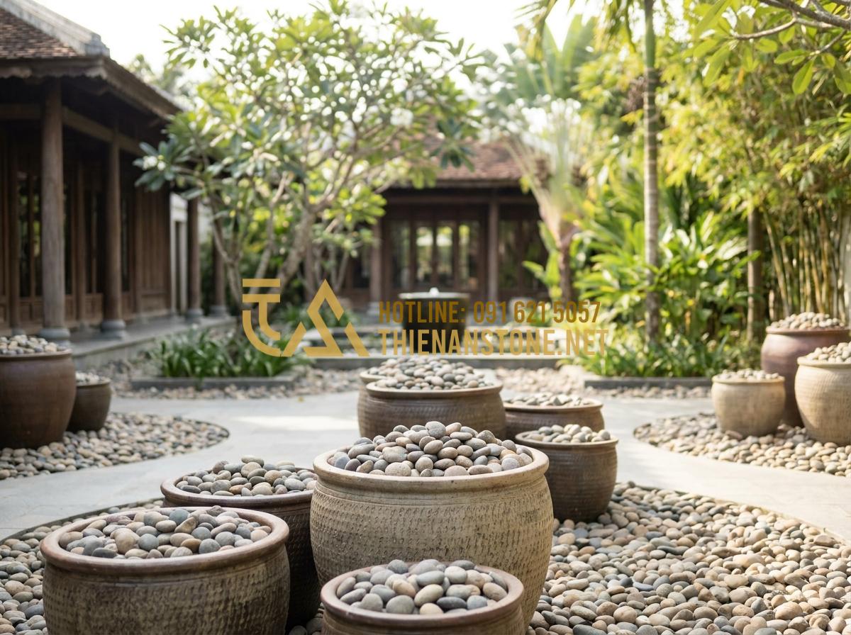 Kinh Nghiệm Chọn Đá Cuội Nhỏ, Đá Cuội Tròn Trang Trí Chậu Cây, Tiểu Cảnh - Overall view of completed landscape project featuring expertly chosen small roun