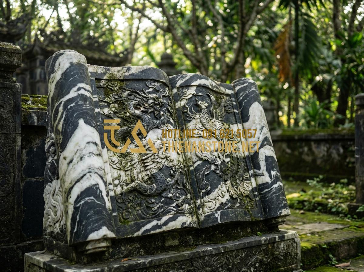Kinh Nghiệm Lựa Chọn Và Lắp Đặt Bức Cuốn Thư Bằng Đá Bền Đẹp Vĩnh Cửu - Traditional Vietnamese stone scroll book inscription placed at the entrance of a