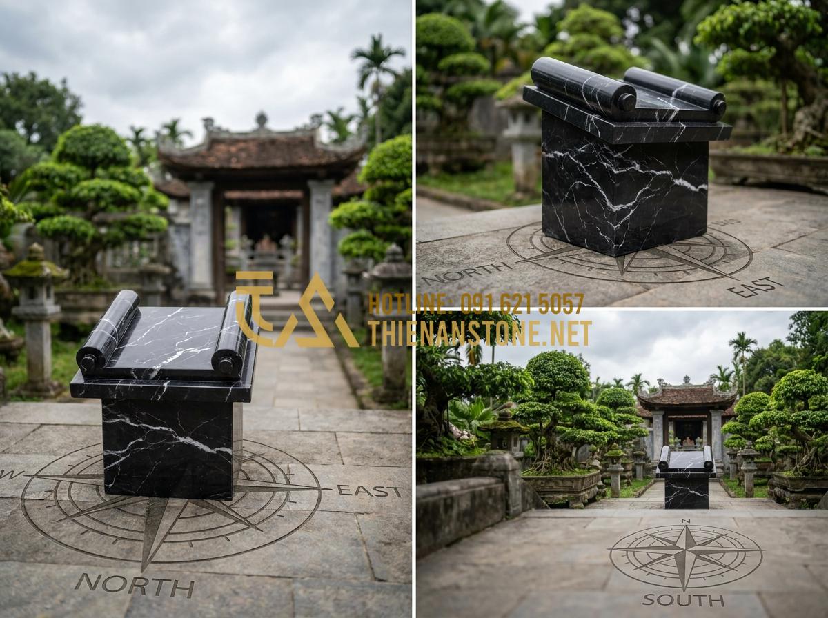 Kinh Nghiệm Lựa Chọn Và Lắp Đặt Bức Cuốn Thư Bằng Đá Bền Đẹp Vĩnh Cửu - Correct feng shui placement of a stone scroll book at the front gate of a tradit