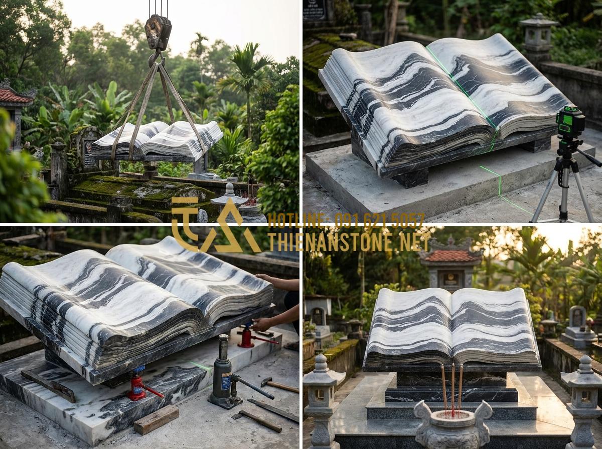 Kinh Nghiệm Lựa Chọn Và Lắp Đặt Bức Cuốn Thư Bằng Đá Bền Đẹp Vĩnh Cửu - Step-by-step professional installation process of a heavy stone scroll book at a