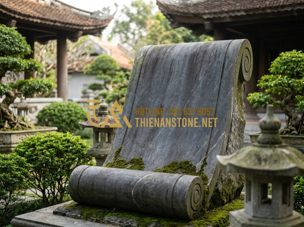 Kinh Nghiệm Lựa Chọn Và Lắp Đặt Bức Cuốn Thư Bằng Đá Bền Đẹp Vĩnh Cửu - Luxurious green rêu stone scroll memorial installed prominently in an upscale fa
