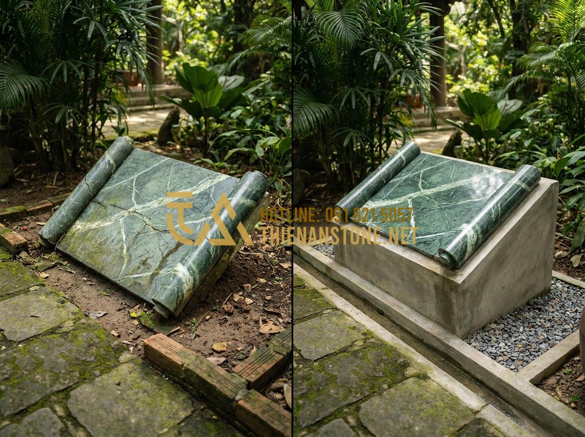 Kinh Nghiệm Lựa Chọn Và Lắp Đặt Bức Cuốn Thư Bằng Đá Bền Đẹp Vĩnh Cửu - Before and after comparison showing a corrected stone scroll book installation v