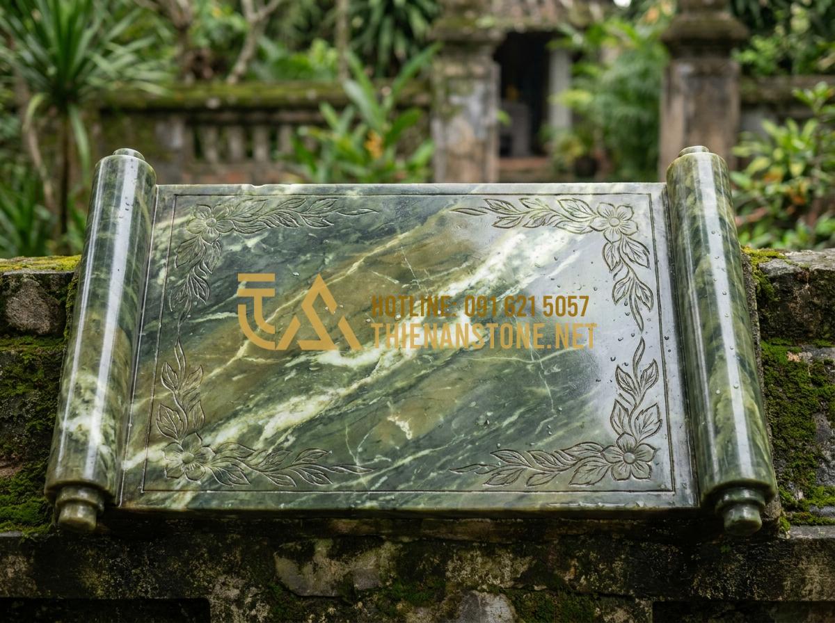 Kinh Nghiệm Lựa Chọn Và Lắp Đặt Bức Cuốn Thư Bằng Đá Bền Đẹp Vĩnh Cửu - Close-up view of an ancient-style stone scroll plaque with engraved Vietnamese a
