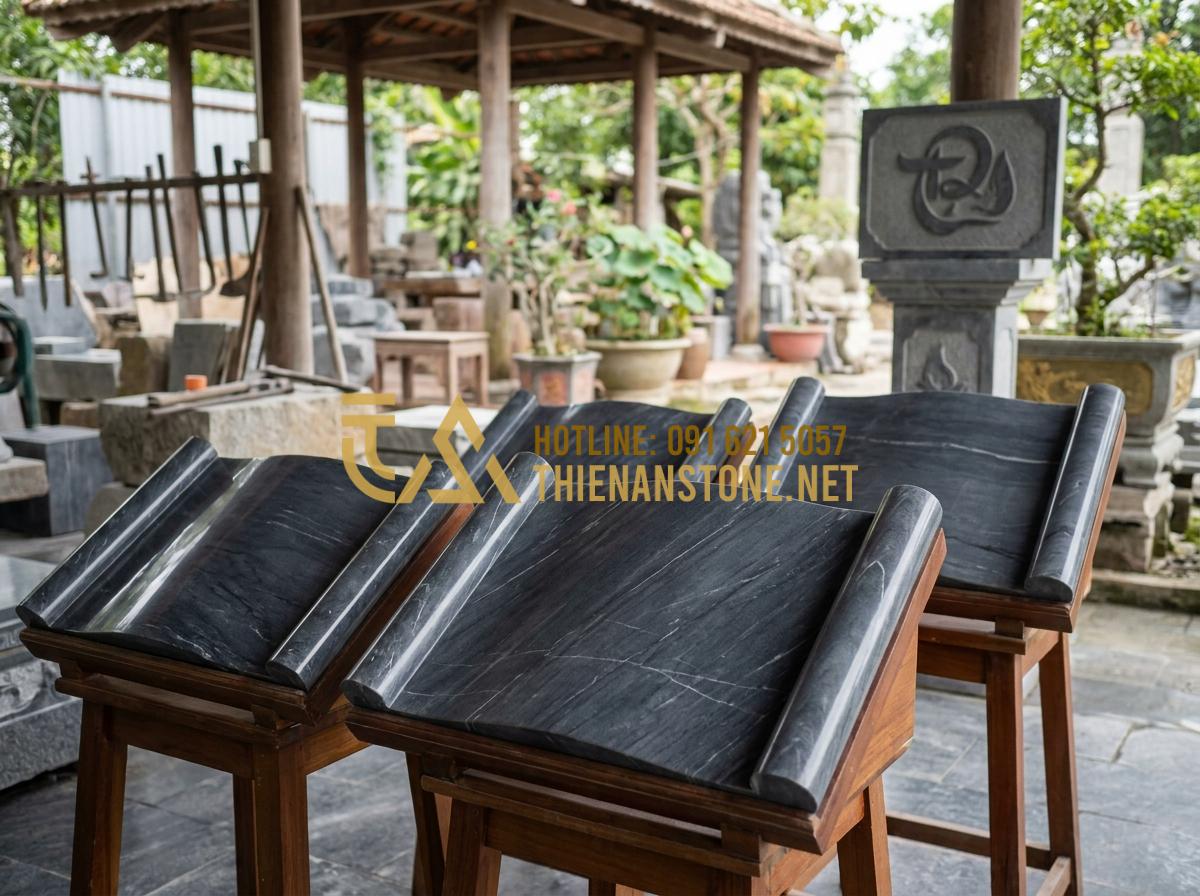 Kinh Nghiệm Lựa Chọn Và Lắp Đặt Bức Cuốn Thư Bằng Đá Bền Đẹp Vĩnh Cửu - Elegant promotional view of Đá Cảnh Thiên An's stone workshop displaying various
