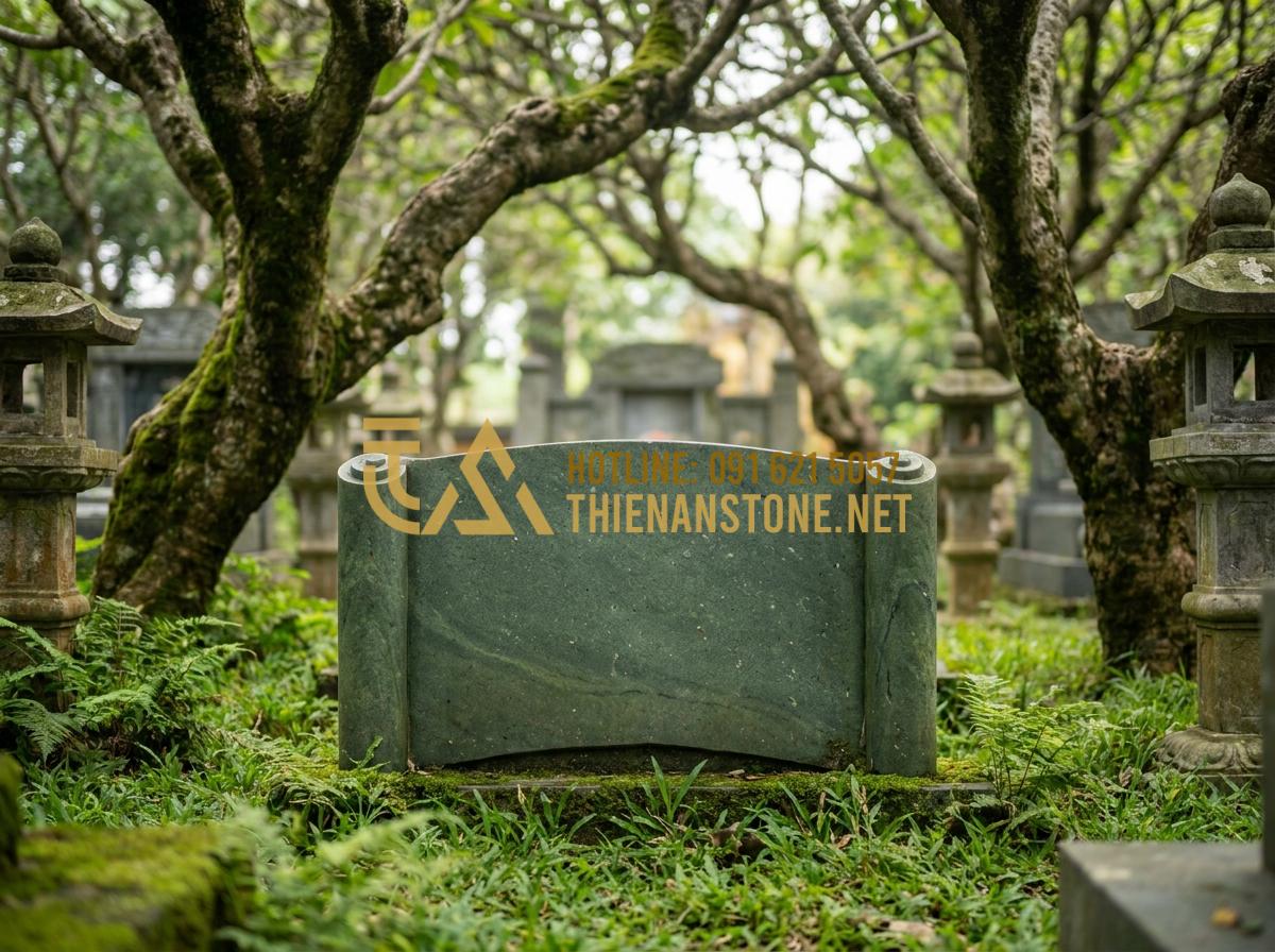 Kinh Nghiệm Lựa Chọn Và Lắp Đặt Bức Cuốn Thư Bằng Đá Bền Đẹp Vĩnh Cửu - Elegant stone scroll tomb plaque installed in a serene Vietnamese cemetery garde