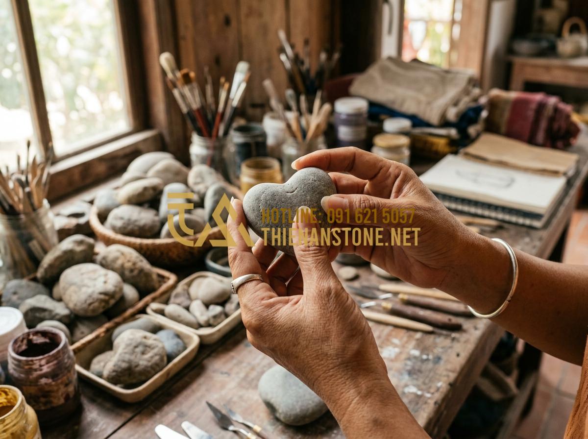 Kỹ thuật vẽ tranh 3D trên đá cuội: Bí quyết tạo chiều sâu cho tác phẩm - Tạo ảnh tiếng Anh: A professional close-up shot of an artist's hands holding a s