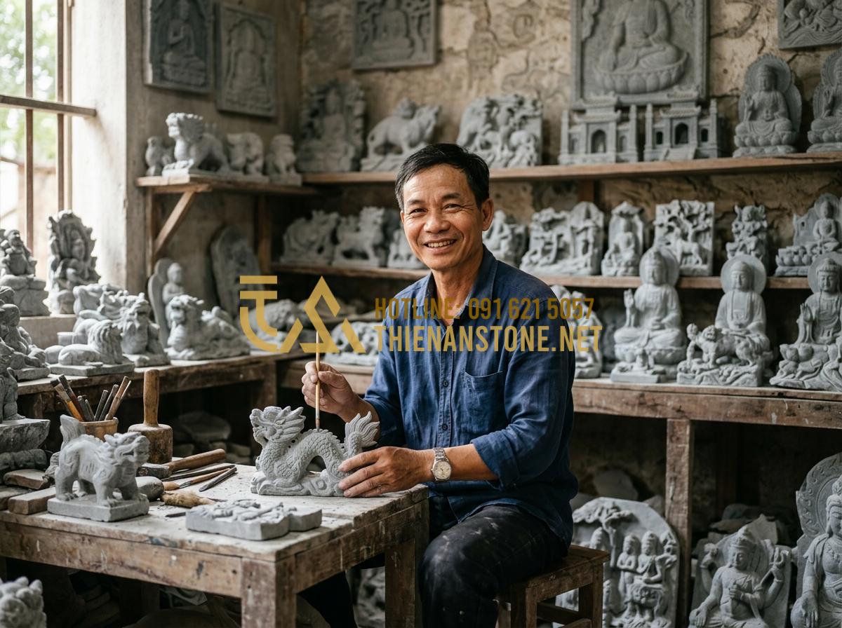 Kỹ thuật vẽ tranh 3D trên đá cuội: Bí quyết tạo chiều sâu cho tác phẩm - Tạo ảnh tiếng Anh: A warm, inviting shot of the artist, Anh Tinh, sitting in his