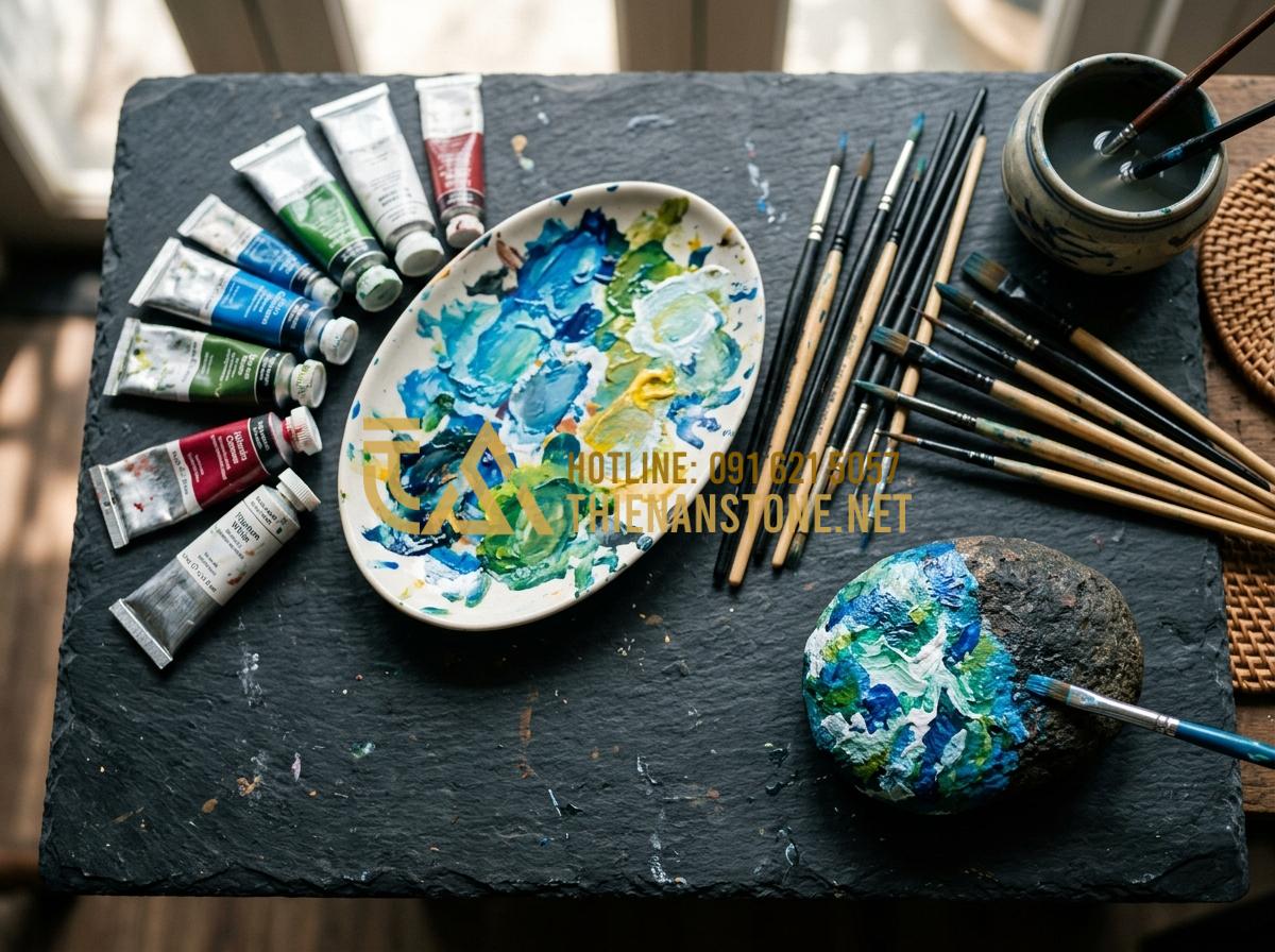Kỹ thuật vẽ tranh 3D trên đá cuội: Bí quyết tạo chiều sâu cho tác phẩm - Tạo ảnh tiếng Anh: A high-quality artistic flat lay of professional acrylic pain