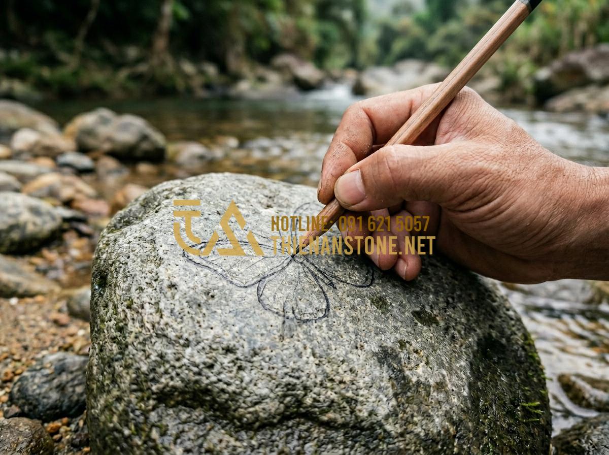 Kỹ thuật vẽ tranh 3D trên đá cuội: Bí quyết tạo chiều sâu cho tác phẩm - Tạo ảnh tiếng Anh: Detailed macro shot of a graphite pencil sketching the outlin