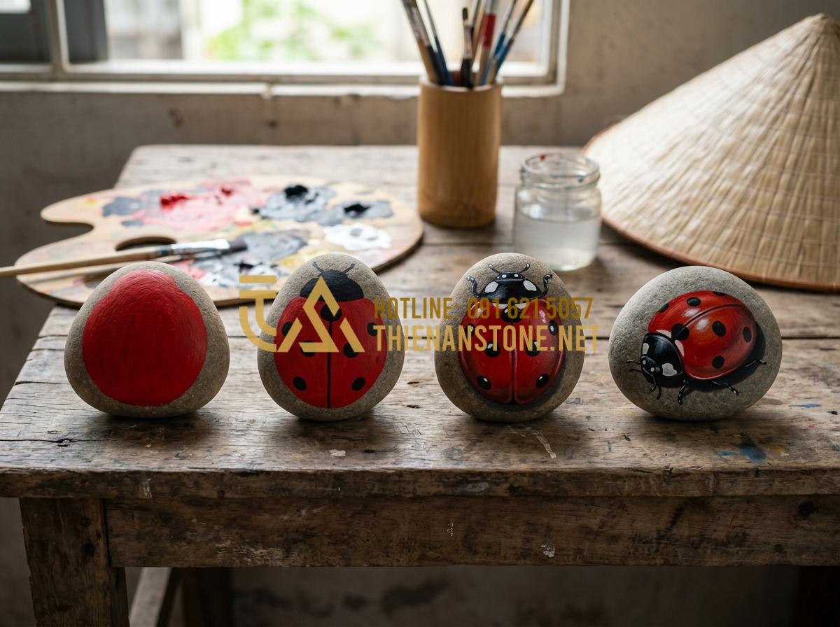 Kỹ thuật vẽ tranh 3D trên đá cuội: Bí quyết tạo chiều sâu cho tác phẩm - Tạo ảnh tiếng Anh: A step-by-step demonstration of painting a 3D ladybug on a st