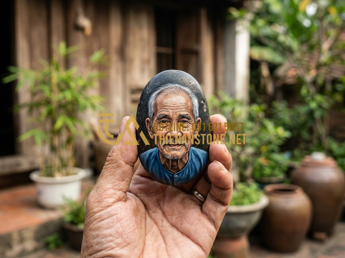 Kỹ thuật vẽ tranh 3D trên đá cuội: Bí quyết tạo chiều sâu cho tác phẩm - Tạo ảnh tiếng Anh: An incredibly realistic 3D portrait of an elderly man with de
