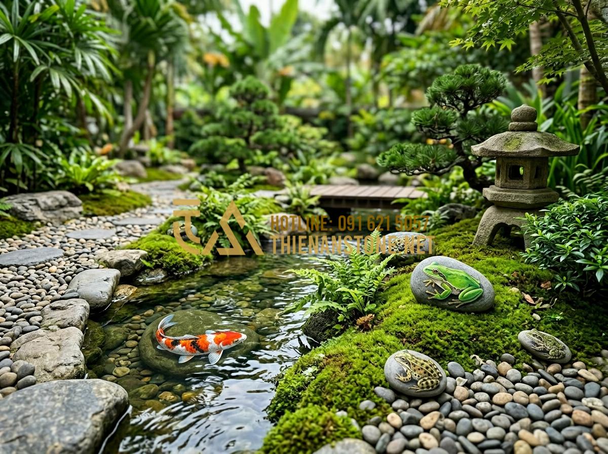 Kỹ thuật vẽ tranh 3D trên đá cuội: Bí quyết tạo chiều sâu cho tác phẩm - Tạo ảnh tiếng Anh: A beautiful Japanese-style zen garden scene featuring a small
